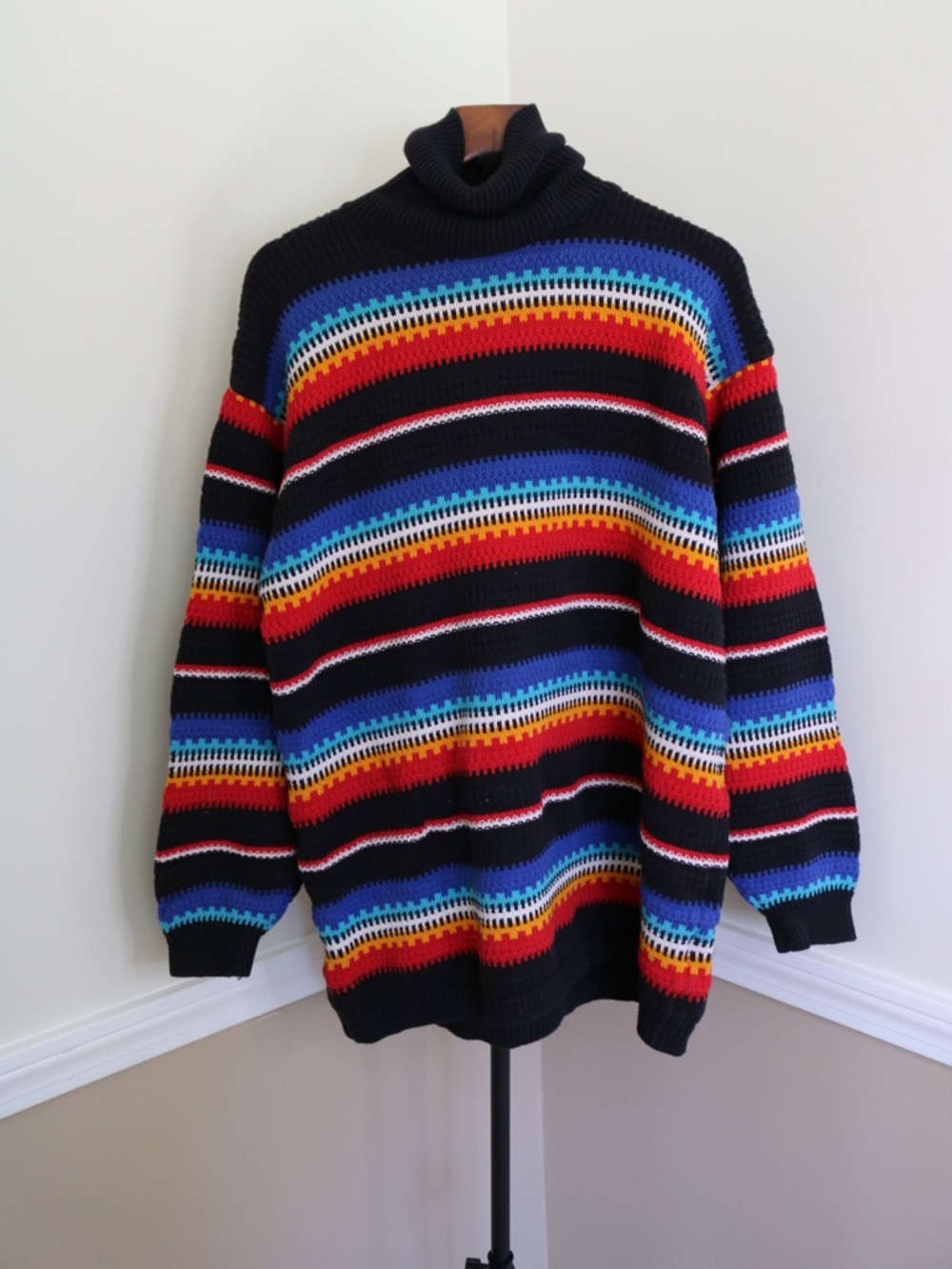 Liz Claiborne Black Turtleneck Sweater with Red, Blue, Yellow & White Stripes